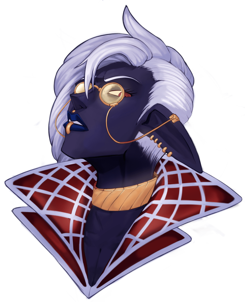 A Drow Priestess wearing gold rimmed glasses chained to an ear piercing, with her head tilted back and looking down upon the viewer like she's offended that she's even in your presence.